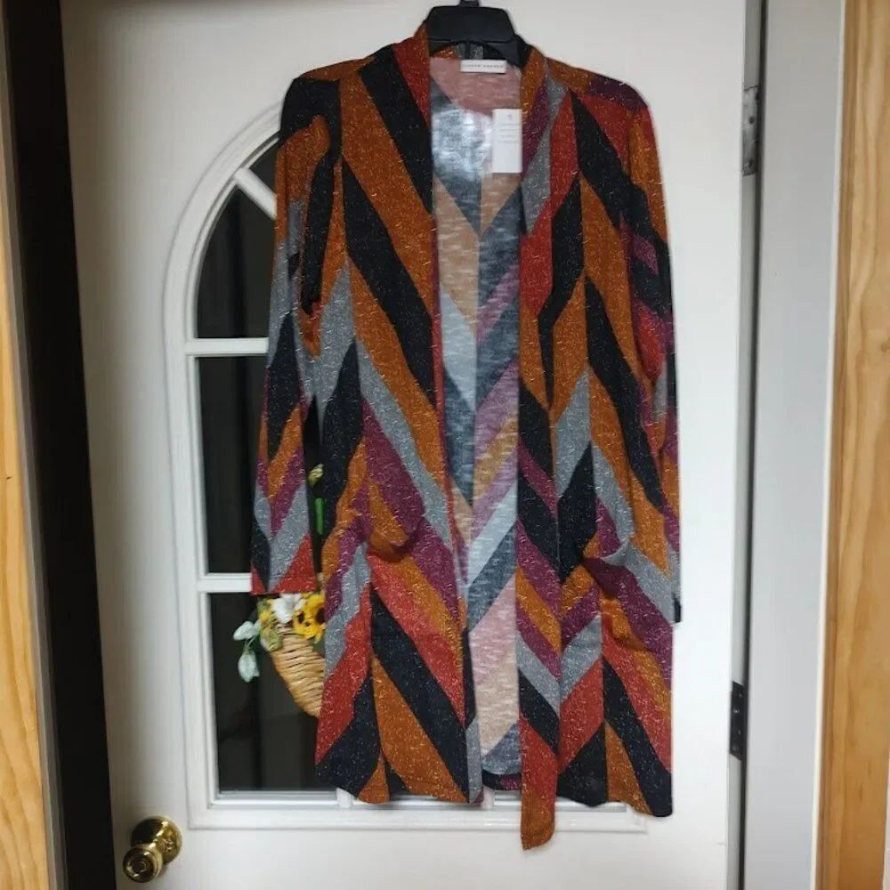 New Susan Graver Maroon Gray Multi-Color Metallic Open Front Cardigan Women's M
